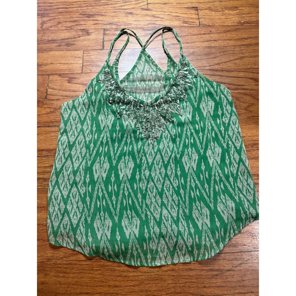 Ecote Urban Outfitters Green Ikat Sequin Tank Top Small Geometric Cami Strappy